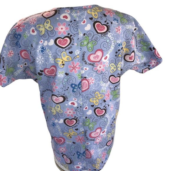 HQ Scrub Smell the flowers Hearts Butterflys Scrub No Size Tag 3 Pocket Raglan - Picture 2 of 11